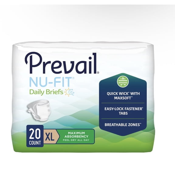 Prevail Nu-Fit Daily Adult Incontinence Briefs with Tabs, Maximum Absorbency Sz: XL 20 Ct.