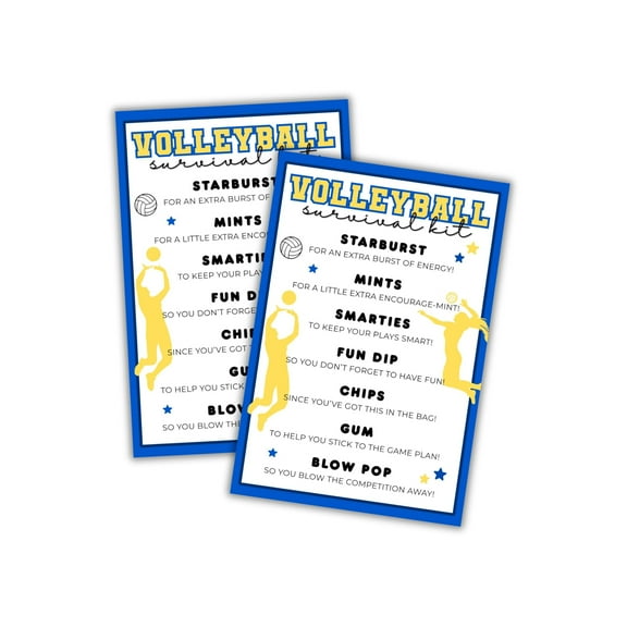 Volleyball Team Survival Kit Cards 30pk 4x6 List Tag Labels Emergency Welcome Back Travel Girls Printables for Coaches Ball Players Goodie Bag