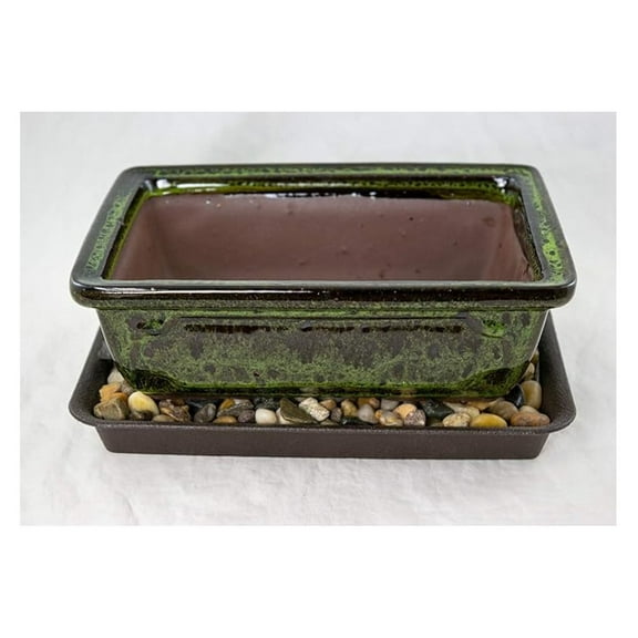 8" Moss Green Rectangular Planter Pot with Tray, Rocks & Mesh - Cactus Succulent Pots Indoor Outdoor