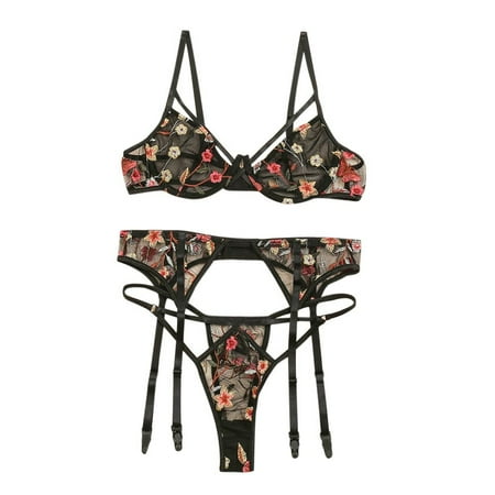 

BELLZELY Compression Socks for Women Clearance Women s Sexy Lace Flowers Embroidery Split Bikini Three-Piece Set Sexy Lingerie