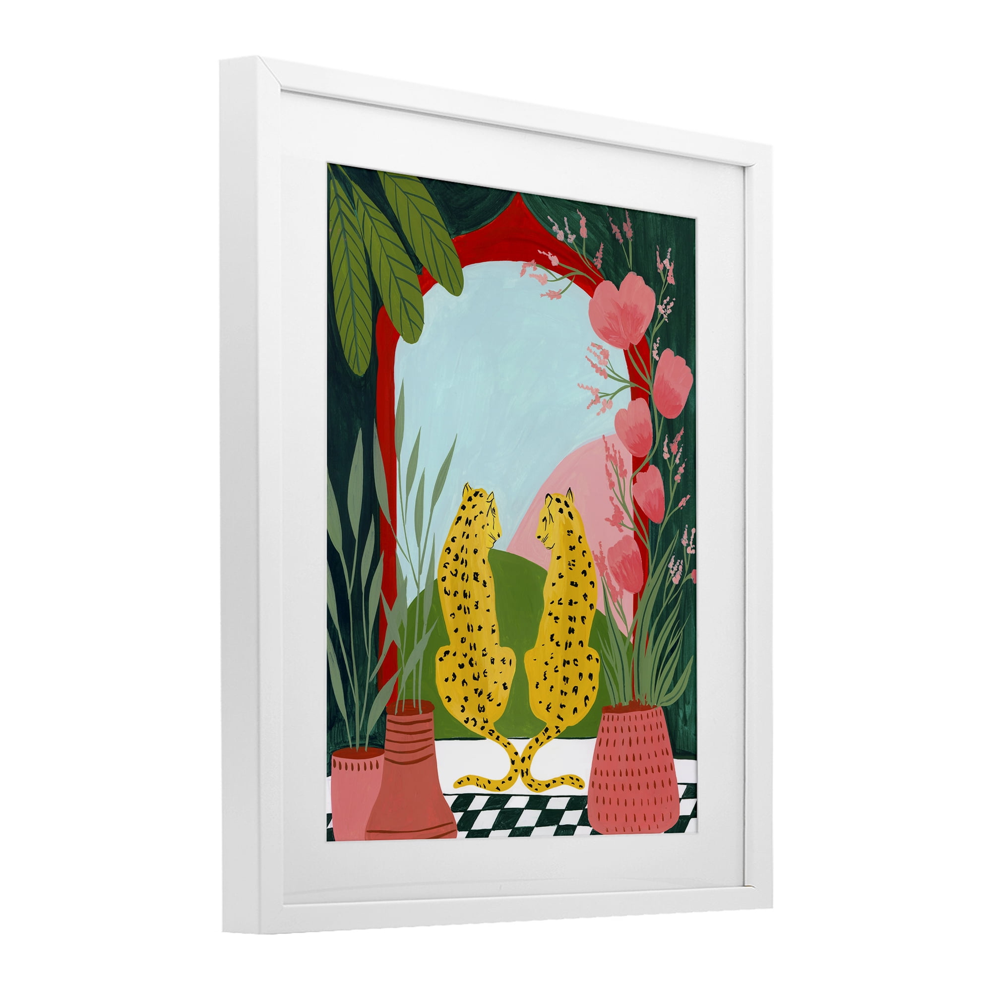Twin Leopard & Plants White Framed Print Under Glass, design by Nabeela Rumi