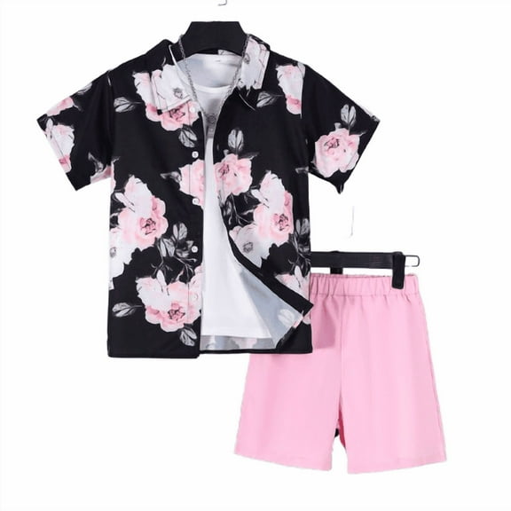 Summer Two-Piece Set for Big Boys Hawaiian Shirt and Shorts Set Loose Short-Sleeved Casual Fashion Floral Shirt Set, Perfect for Outdoor