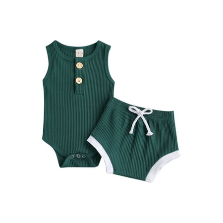

wybzd Newborn Baby Boy Girl Solid Color Sleeveless Bodysuit Tops Shorts Pant Bottom 2PCS Baby Clothing Set Dark Green 6-12 Months