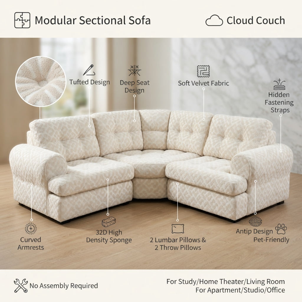 Hommoo 100" Leopard Print Chenille L-Shaped Sofa Set with Movable Ottoman, Tassel Trim & Ergonomic Deep Seat, Modern Living Room Sectional, Beige