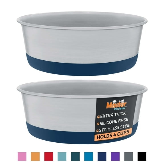 Master Pet Supply Stainless Steel Dog Bowls Set of 2 with Extra Thick Silicone Base - 4 Cup (32 oz) Navy Blue, Non-Slip, Dishwasher Safe Metal Bowls, Pet Dog Food Bowl for Dogs, Cats, Anti Rust