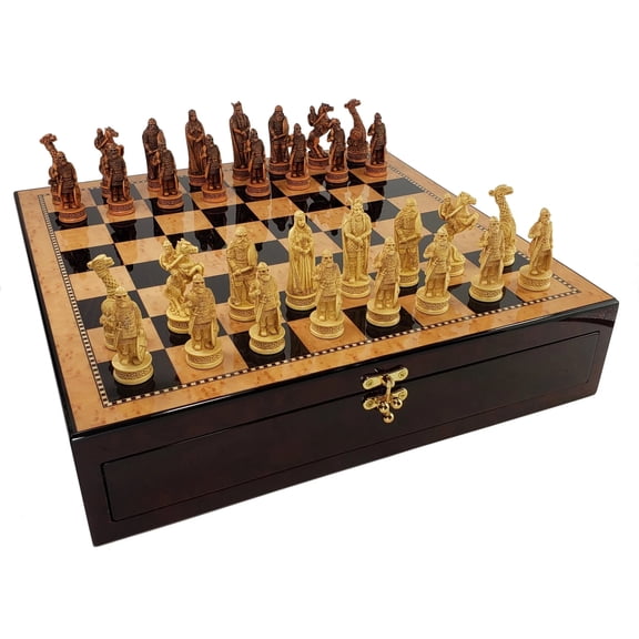Antique White  Brown Norse Viking CHESS SET with 17" Walnut Color Storage Bd