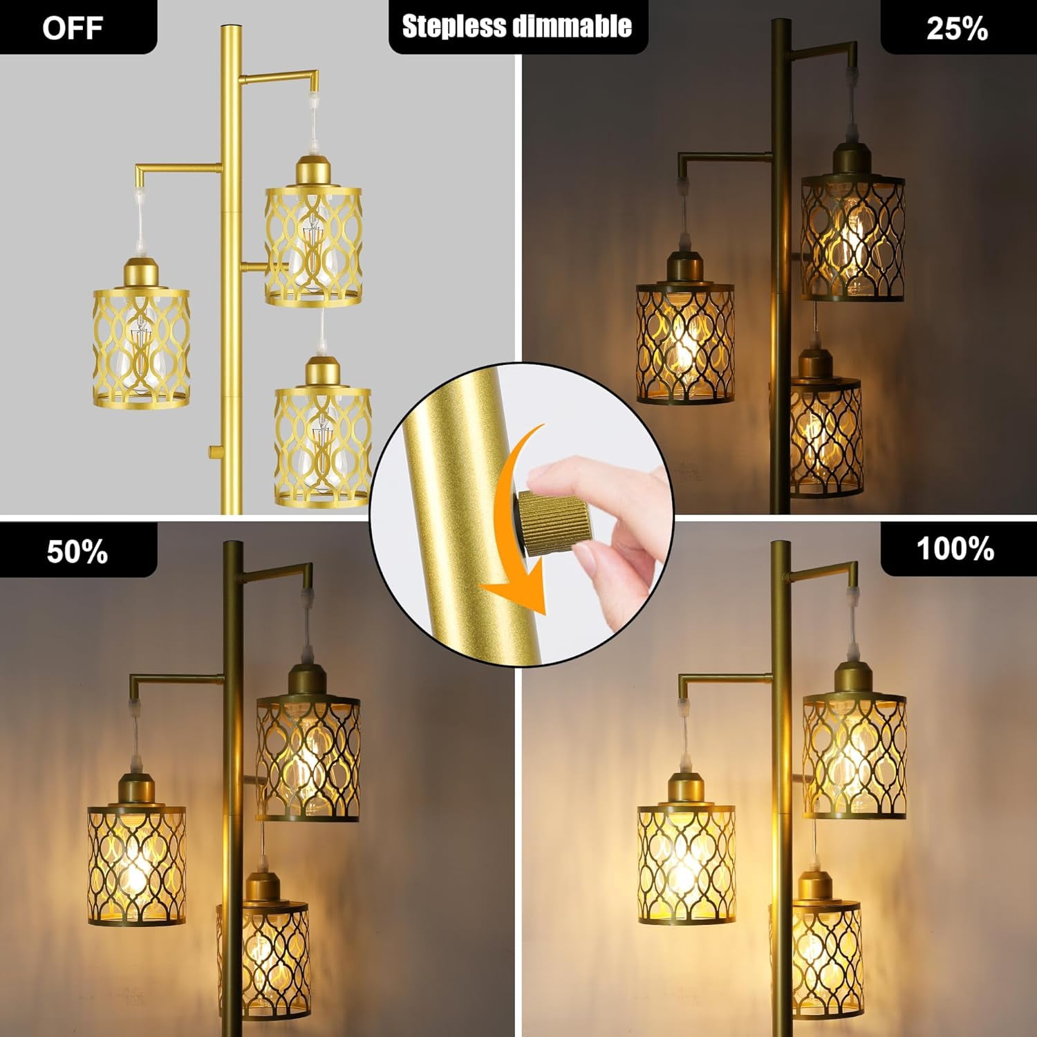 68" Gold Floor Lamp, Dimmable Industrial Floor Lamps for Living Room, 3 Light Rustic Standing Tall Lamp Including 3 PCS 6W E26 Bulbs, Farmhouse Tree Floor Lamp for Bedrooms, Office, Bar