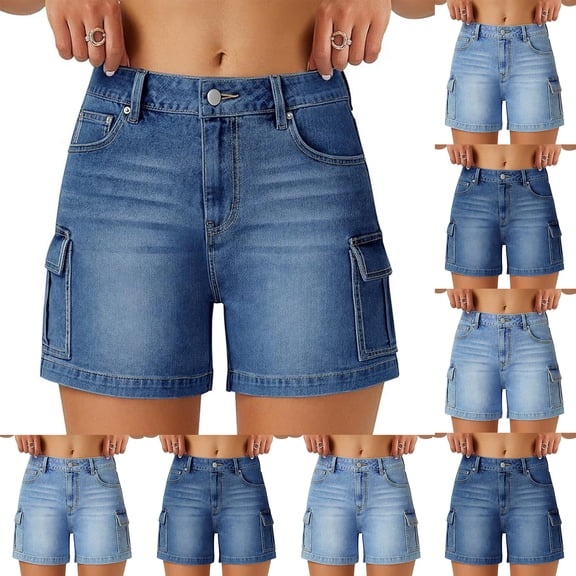 Women's High Rise Utility Denim Shorts Multi Cargo Pockets Relaxed Fit Stretchy Daily Wear Jean Shorts Light Blue S