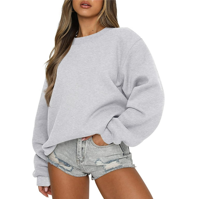 Cropped Sweatshirts for Women Teen Girls Crewneck Pullover Plain Sweatshirt  Sweater Y2k Long Sleeve Fall Tops (XX-Large, Gray)