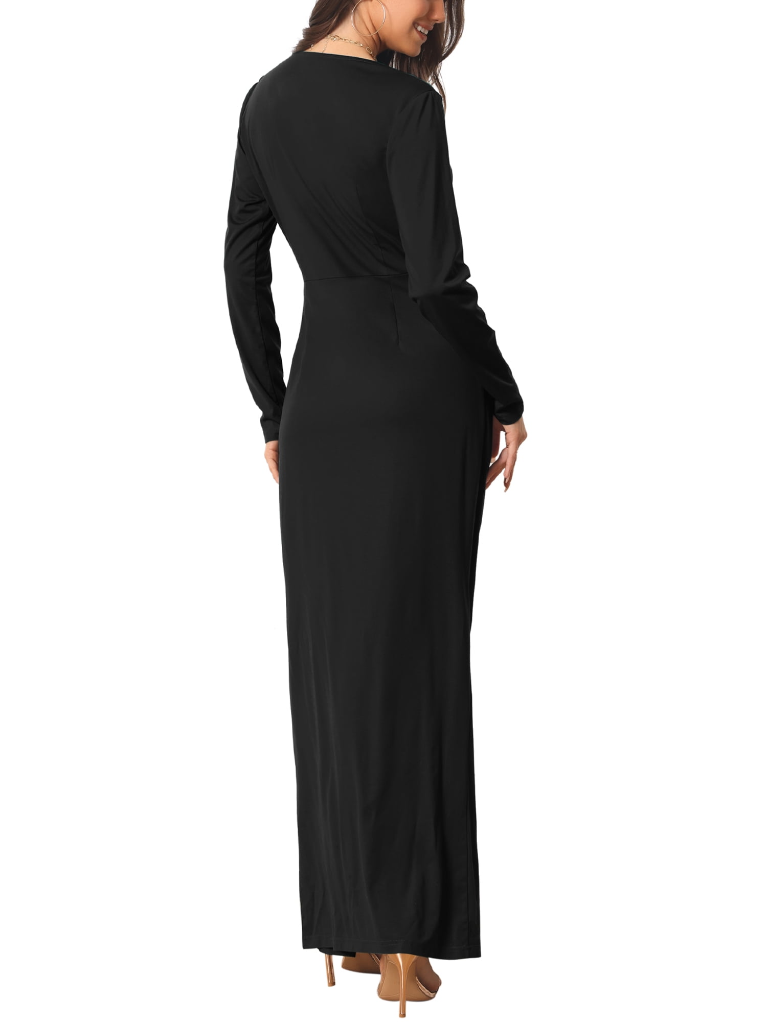 Unique Bargains Women's Maxi Bodycon Draped Front Ruched Cocktail Dress with Slit M Black