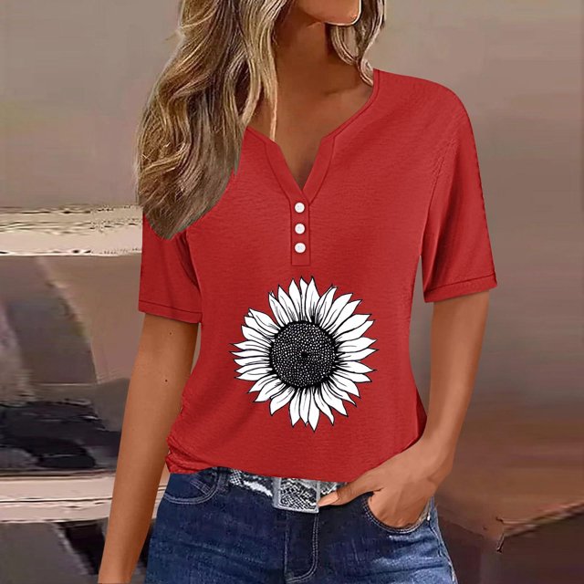 Fiudx Ofertas y Liquidaciones Blusa de Manga Corta con Estampado de Moda para Mujer, Camiseta con Cuello En V, Tops Informales con Botones