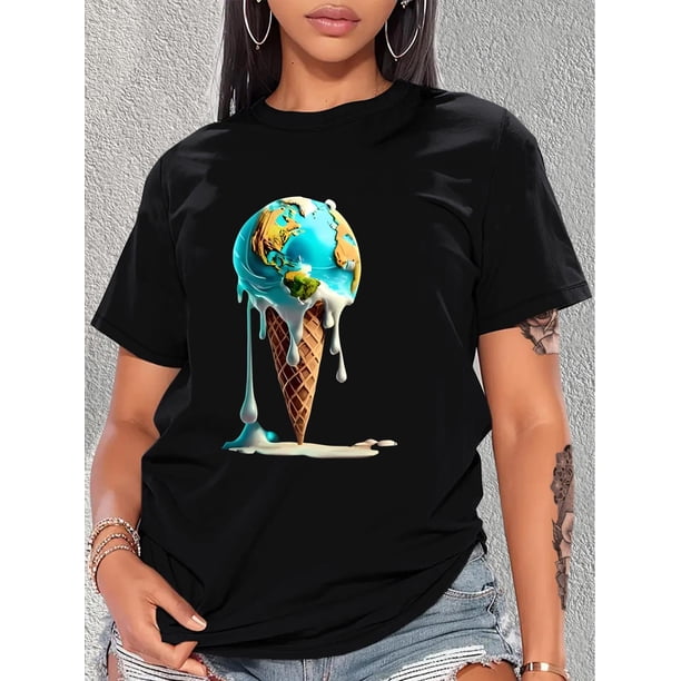 Camiseta de mujer verano Patrón de Corazón cuello redondoChic Quicksand Ice Cream & Earth Print Women's T-Shirt - Casual Fashion, Round Neck, Short Sleeve, Breathable Polyester - Perfect for Spring/