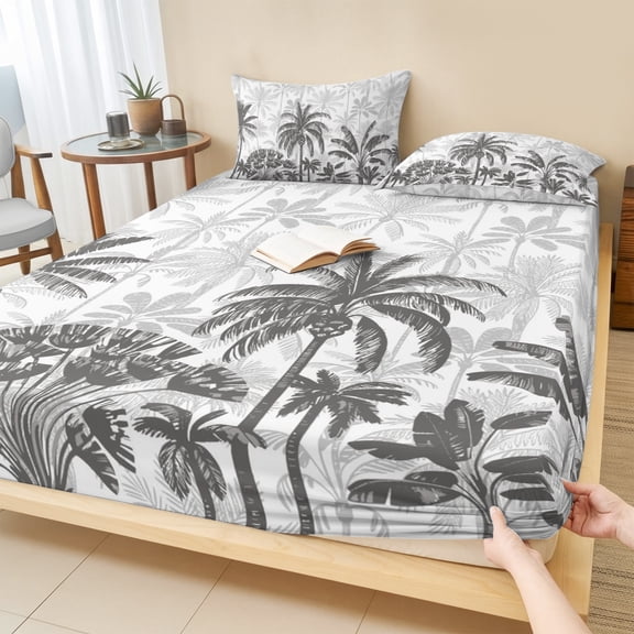Full Size Fitted Sheet Set - Palm Trees 3 Piece Bedding Sets 16" Deep Pocket Fitted Sheet with 2 Pillowcases Black Grey Tropical Plants Summer Forest Brushed Microfiber Hotel Luxury Bed Sheets