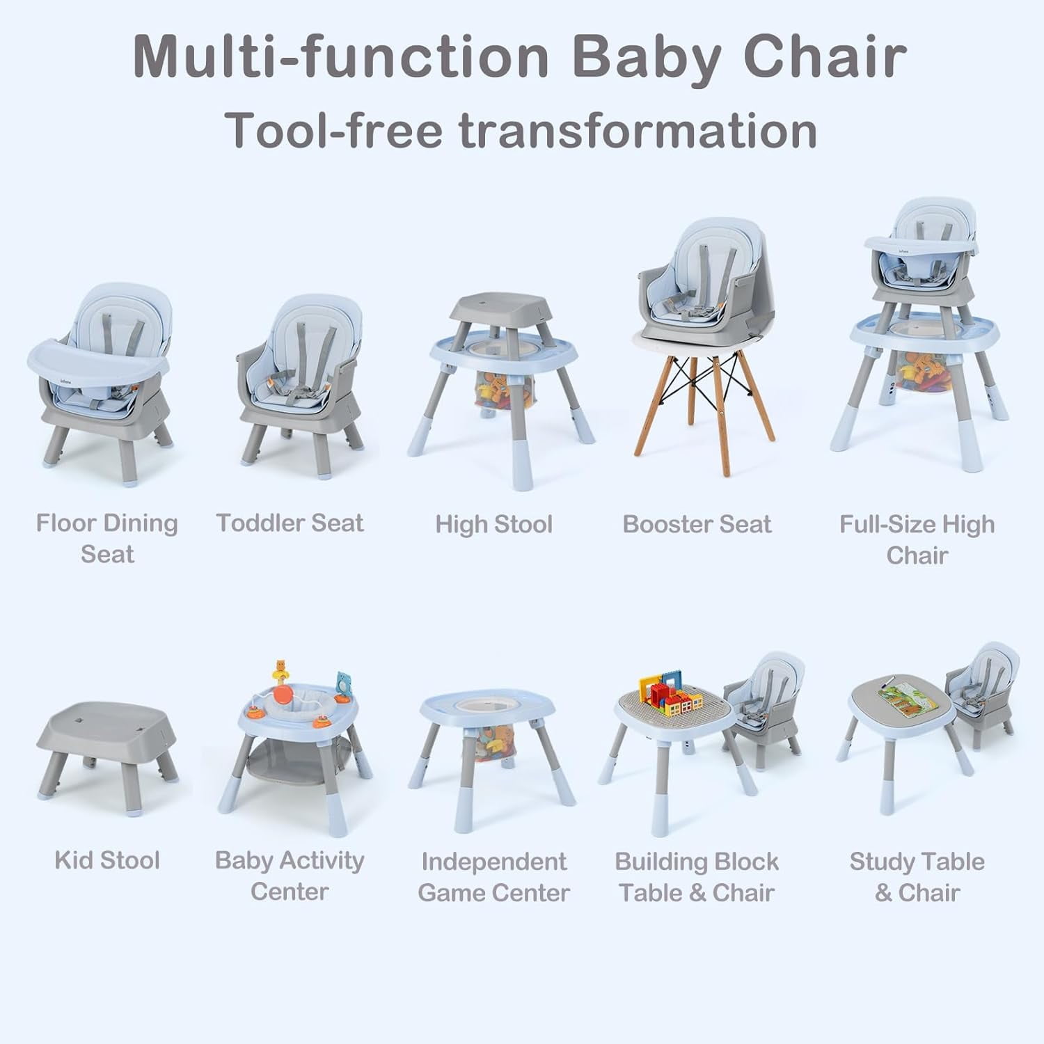 INFANS 9 in 1 High Chair, Convertible Baby Highchair for Babies and Toddlers, Table and Chair Set Building Block Infant Dining Booster Seat, Kids Stool with Activity Children Play Kitchen