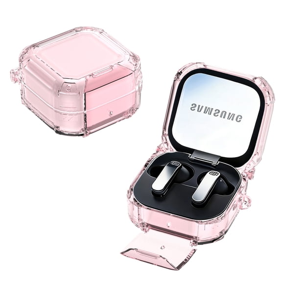 Lunvic for Samsung Galaxy Buds 4 4Pro Case, Clear Shockproof Cover with Safety Lock, Hidden Phone Stand, Cleaner Pen & Clip Included, Pink