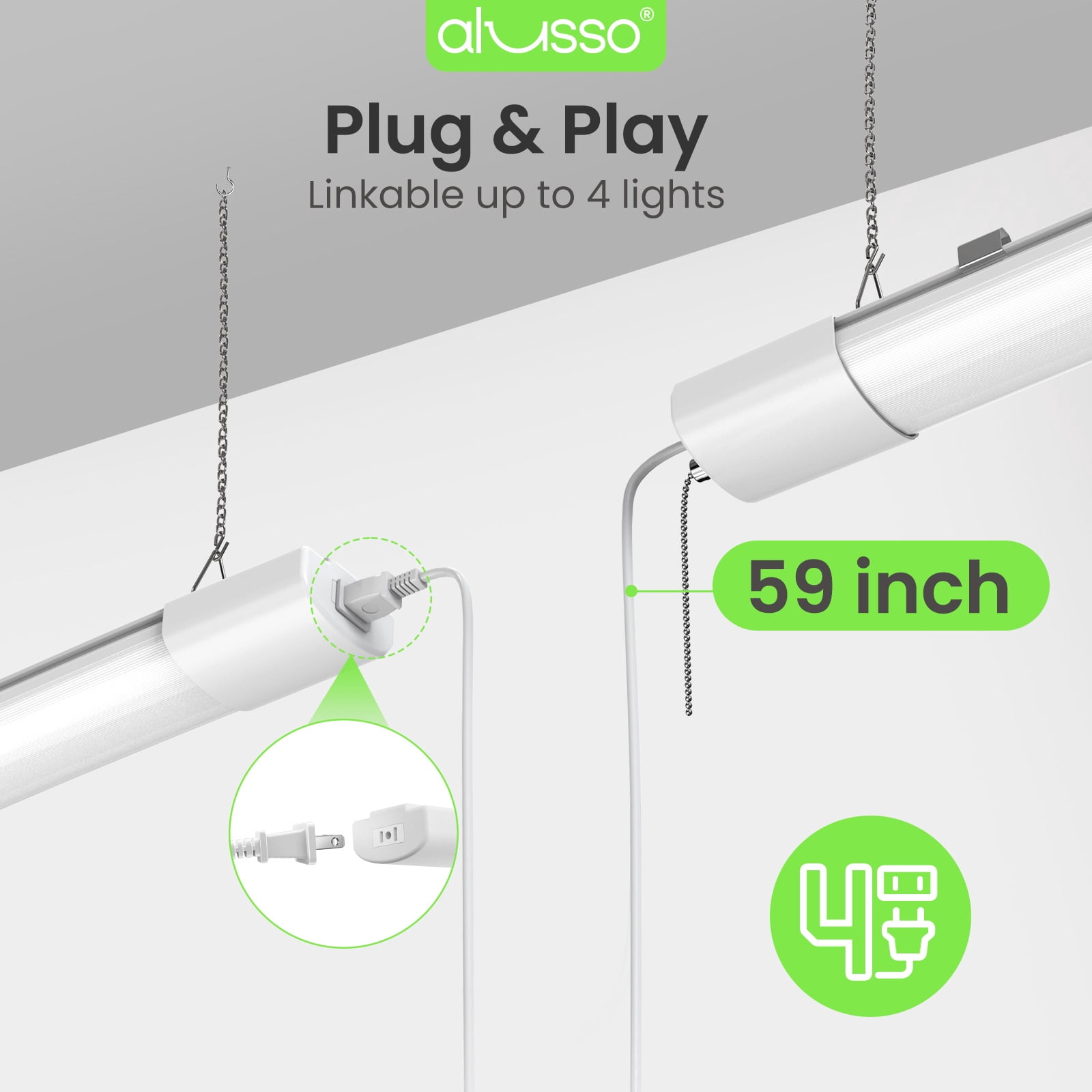 ALUSSO 4FT LED Shop Lights for Garage, 6000LM Super Bright Shop Lights with Pull Chain, 60W/45W/30W, 2700K/3000K/4000K/5000K/6500K Adjustable Led Shop Lights Linkable for Workshop, 2 Pack