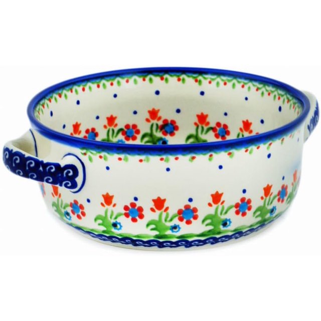 Authentic Polish Pottery 8-inch Round Baker with Handles (Spring Flowers Theme) + Certificate of Authenticity