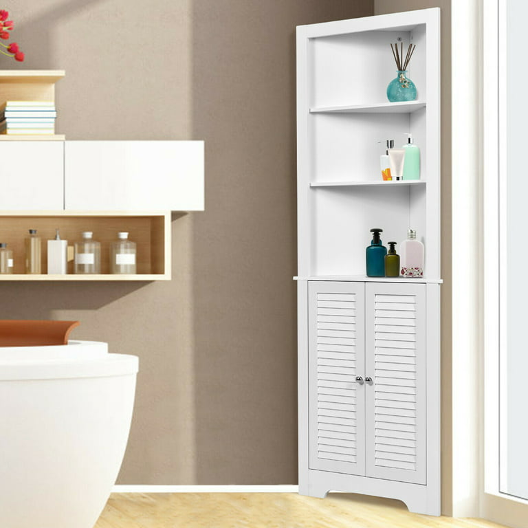 Gymax Bathroom Corner Floor Cabinet Tall Bathroom Storage Cabinet w/ Shelves