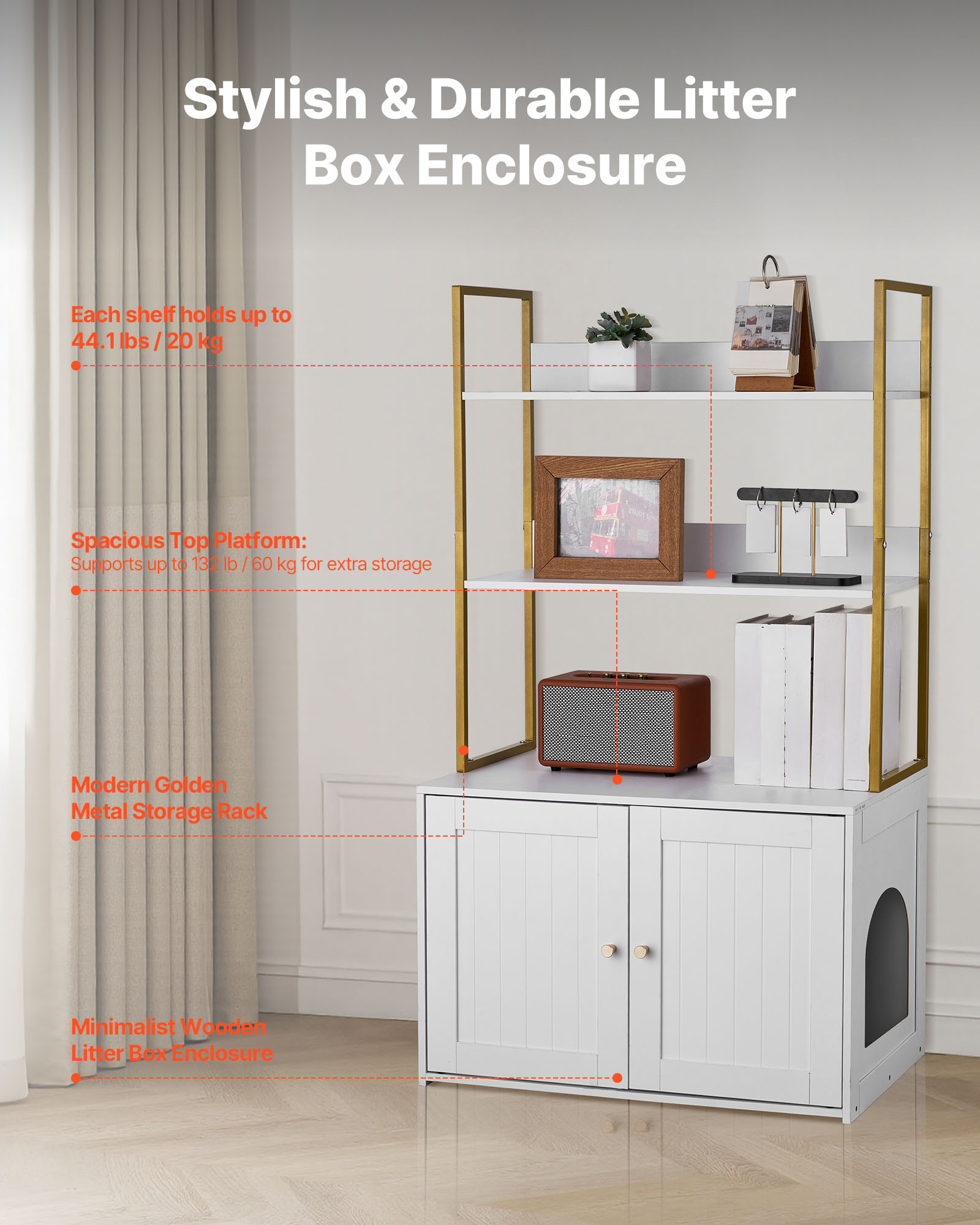 VEVOR Cat Litter Box Enclosure Furniture, 27.6 in Hidden Litter Box Cabinet with Metal Legs & 2-Tier Storage Shelves, Waterproof Cat Washroom Cat House, Fit Most of Litterbox, for Living Room