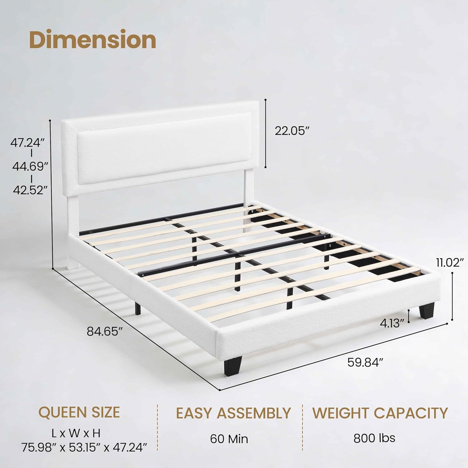 Queen Size Cloud Bed Frame with Adjustable Upholstered Headboard, Modern Marshmallow Low Profile Platform Bed with Soft Boucle Fabric, No Box Spring Needed