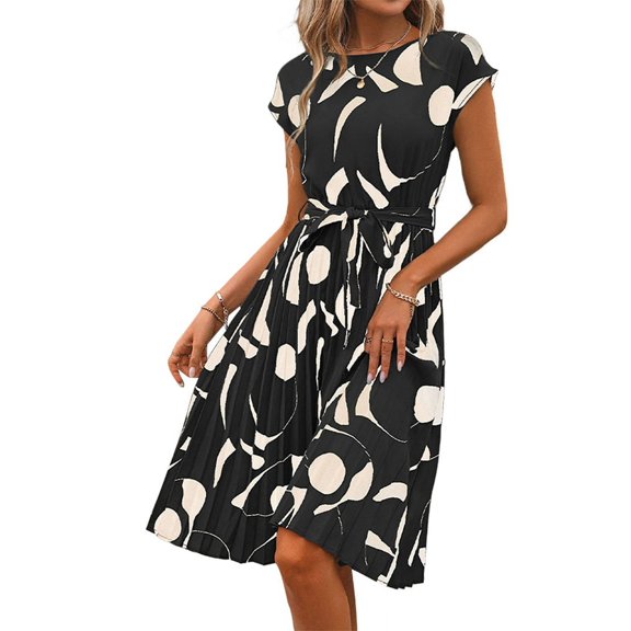 Gdvsclr Floral Dress for Women Wedding Guest Crewneck Short Sleeve Tie Waist Midi Flowy Boho Beach Dresses