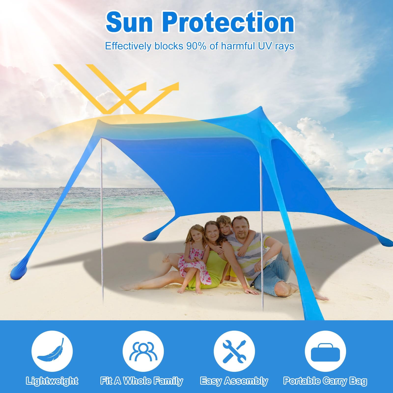 2-Pole Beach Canopy Tent – UPF 50+ Sun Shade with Sandbags & Carry Bag – Windproof, Portable – 78”x78” Fits 6-8 People – for Camping, Backyard, Picnic & Outdoor Activities