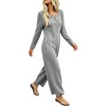 thumbnail image 4 of TEAJOPSUU Womens Waffle Knit Jumpsuit Long Sleeve Button Henley Neck Wide Leg Long Romper with Pockets Casual Loungewear Gray, 4 of 7