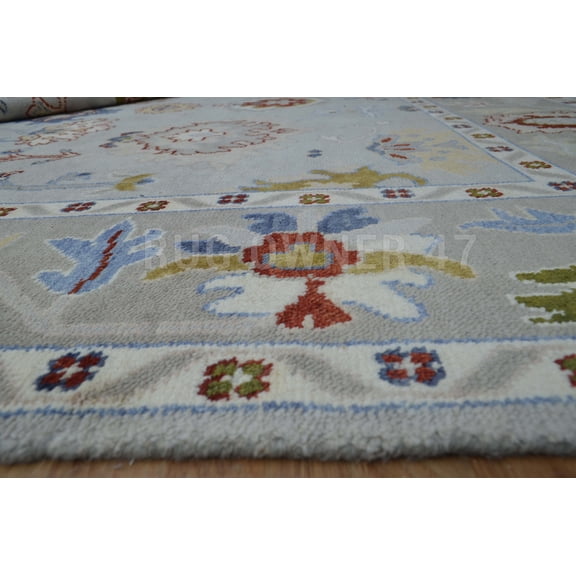 Colourful Hand-Knotted Oushak Area Rug 9X12 Lt Blue, Camel, Wool Handmade Area Rug