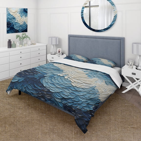 Designart "Modern Coastal Waves in Blue and White III" Coastal Minimalism Bedding Covert Set - Landscapes Blue Coastal Bed Set With 2 Shams