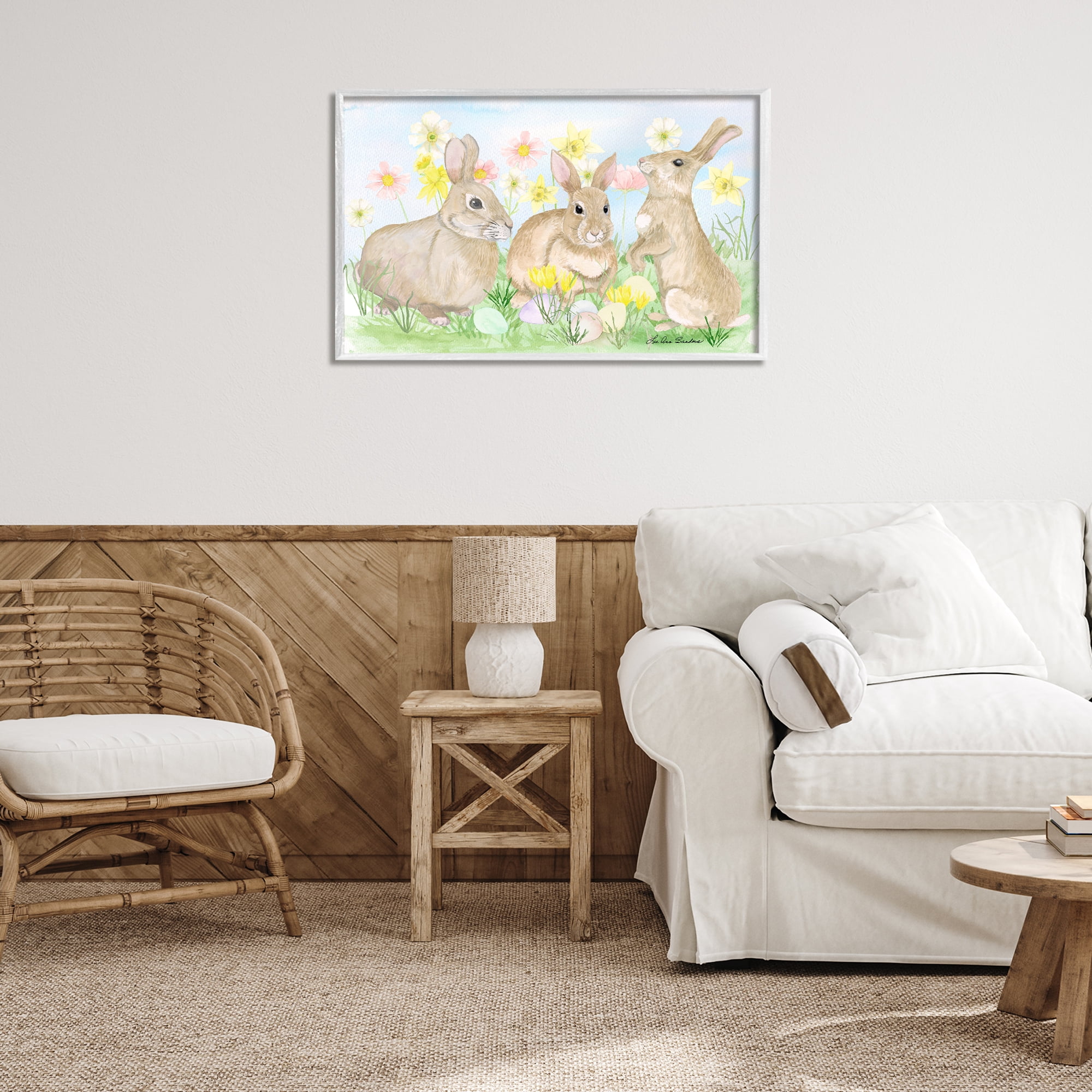 Three Bunnies In The Grass White Framed Giclee Art, design by Lee Ann Sanders