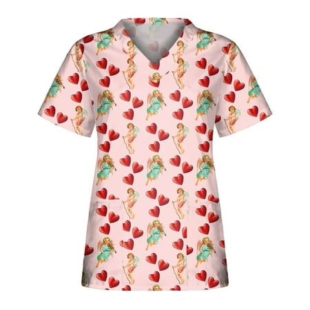 

Women Scrub_Top Working Uniform Blouse Short Sleeve V-Neck Workwear T-Shirt with Pocket Comfy Tops XL