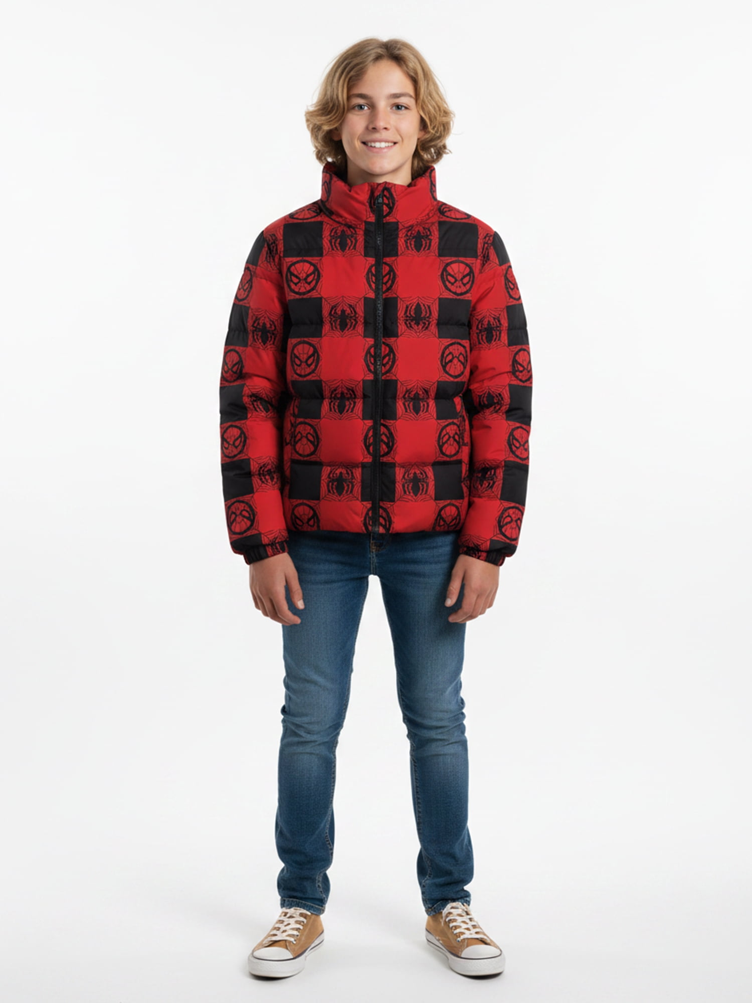 Boys’ Spider-Man Allover Logo Print Puffer Jacket, Red, Sizes XS–XL