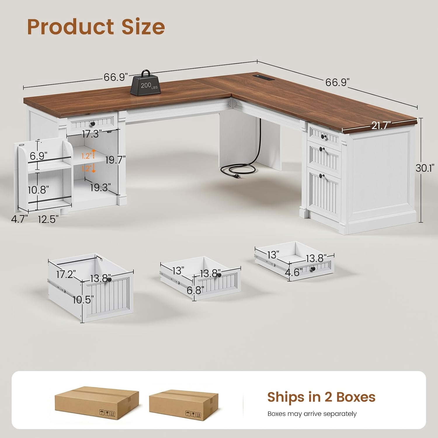 SEDETA Large L Shaped Desk with 4 Wood Drawers, 67"x 67" Executive Desk with File Drawers & Storage Cabinet, Farmhouse Corner Computer Desk with Power Strip for Home Office, White & Brown