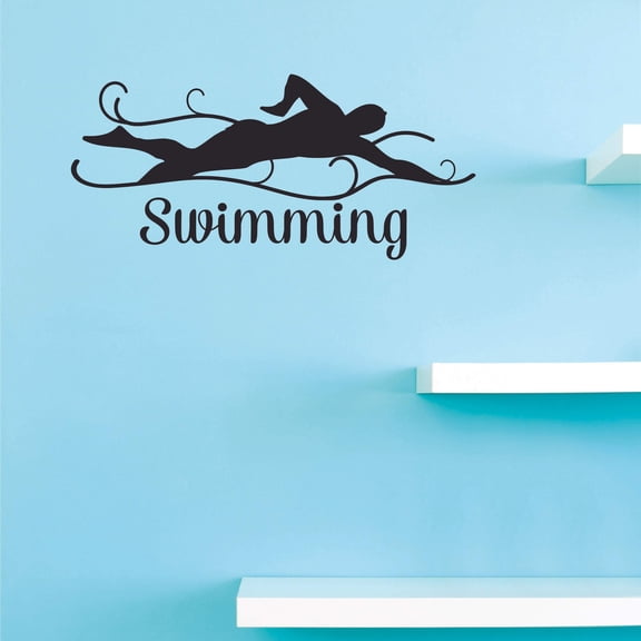 Swimming Wall Art Decal | DIY Removable Adhesive Athlete Vinyl Decoration Sticker for Boys Girls Room Bedroom - Black 20" x 40"