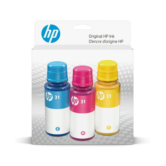 HP 31 Ink Bottle Combo Cyan Magenta Yellow (3-Pack), 8000 Pages, (9C228AN)