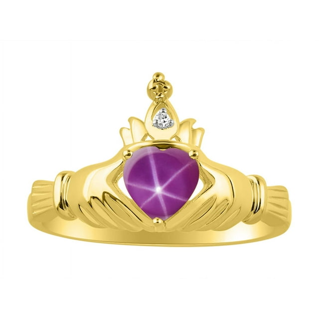 RYLOS Rings 14K Yellow Gold Claddah Love, Loyalty & Friendship Ring Heart 6MM Gemstone & Diamond Claddagh Rings July Star Ruby Jewelry Size 12