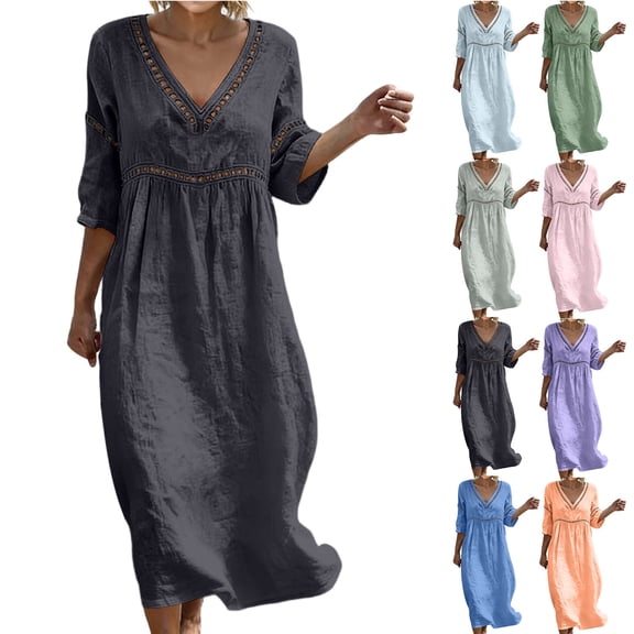 Smsaxvxz Summer Plus Size Maxi Dresses for Women Fashion Solid V Neck 3/4 Sleeve Hollow Out Casual Loose Flowy Beach Sundress Black 4XL