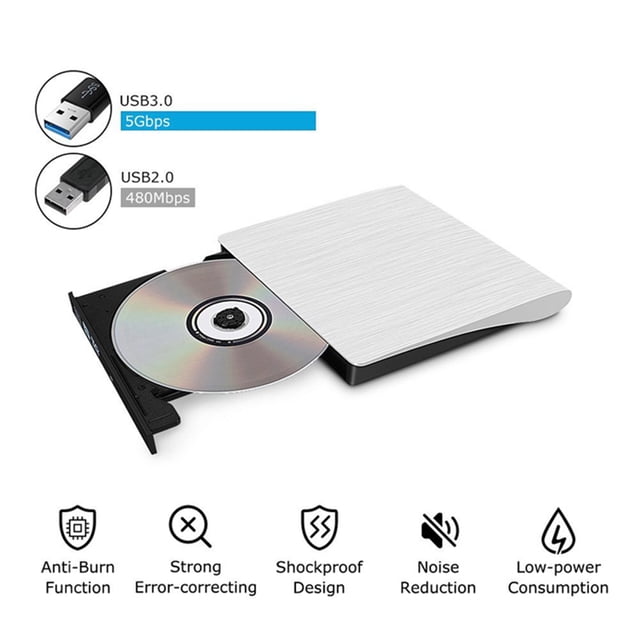 Lecteur Optique d'Ordinateur USB 3.0 DVD-ROM, Disque Externe CD DVD ROM, Lecteur de Disque CD ROM Mince, Lecteur DVD, Blanc
