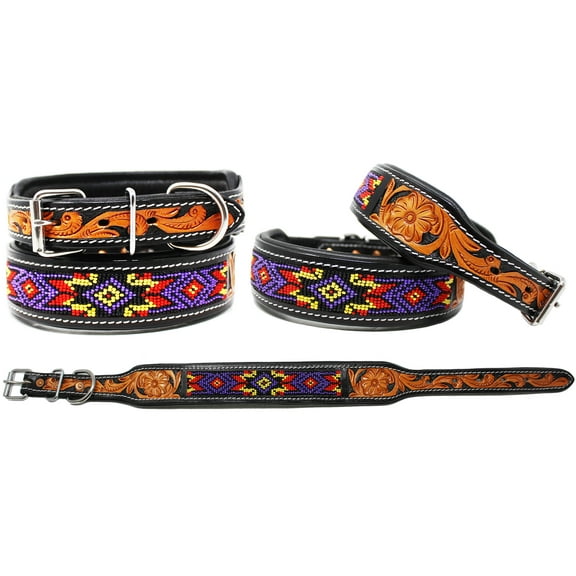 XSmall 9''- 13'' Padded Leather Dog Collar Beaded Floral Hand Tooled 60171