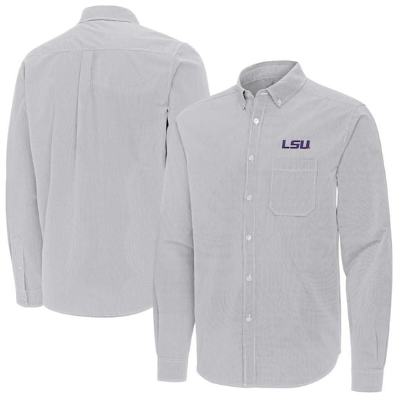Men's Antigua Gray LSU Tigers Porter Woven Tri-Blend Long Sleeve Button-Down Shirt