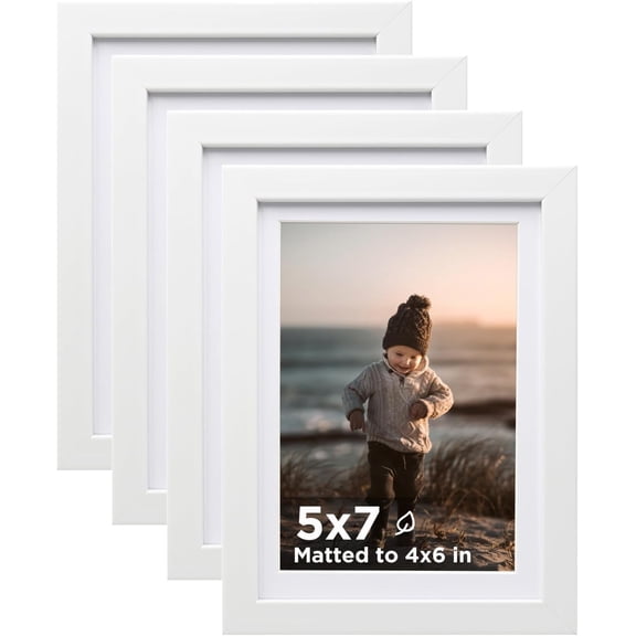 5x7 Picture Frames Set of 4, White Wooden Photo Frames with Mat for 4x6 Photos & Plexiglass Front - Dual Display Options for Tabletop and Wall Decor