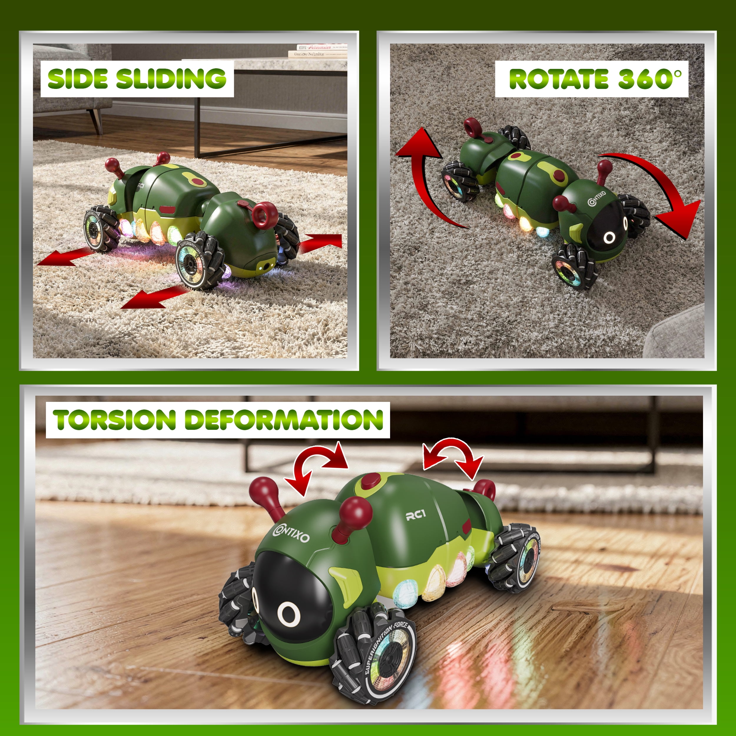 Contixo RC1 Mech Stunt RC Caterpillar Car – Kids Remote Control Car, Omni-Directional 360° Spins, Mist Spray, LED Lights, All-Terrain Stunt Vehicle, Torsion Body, 2.4GHz Remote –Green