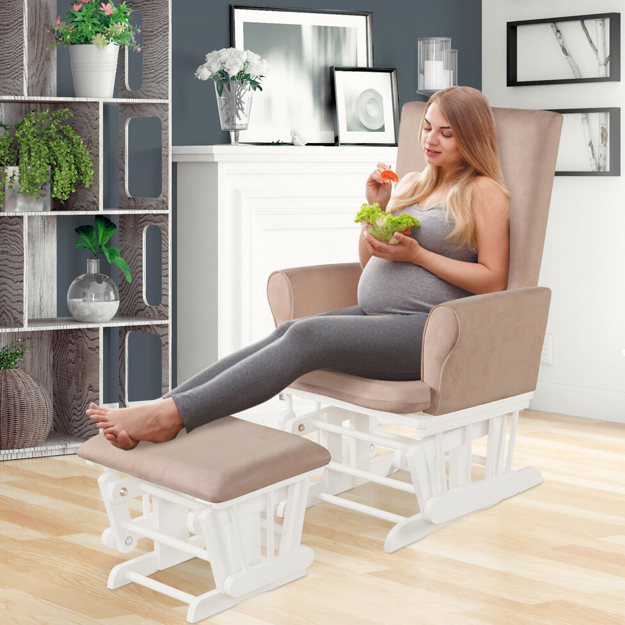 Gymax Glider and Ottoman Cushion Set Wooden Baby Nursery Rocking Chair Pink