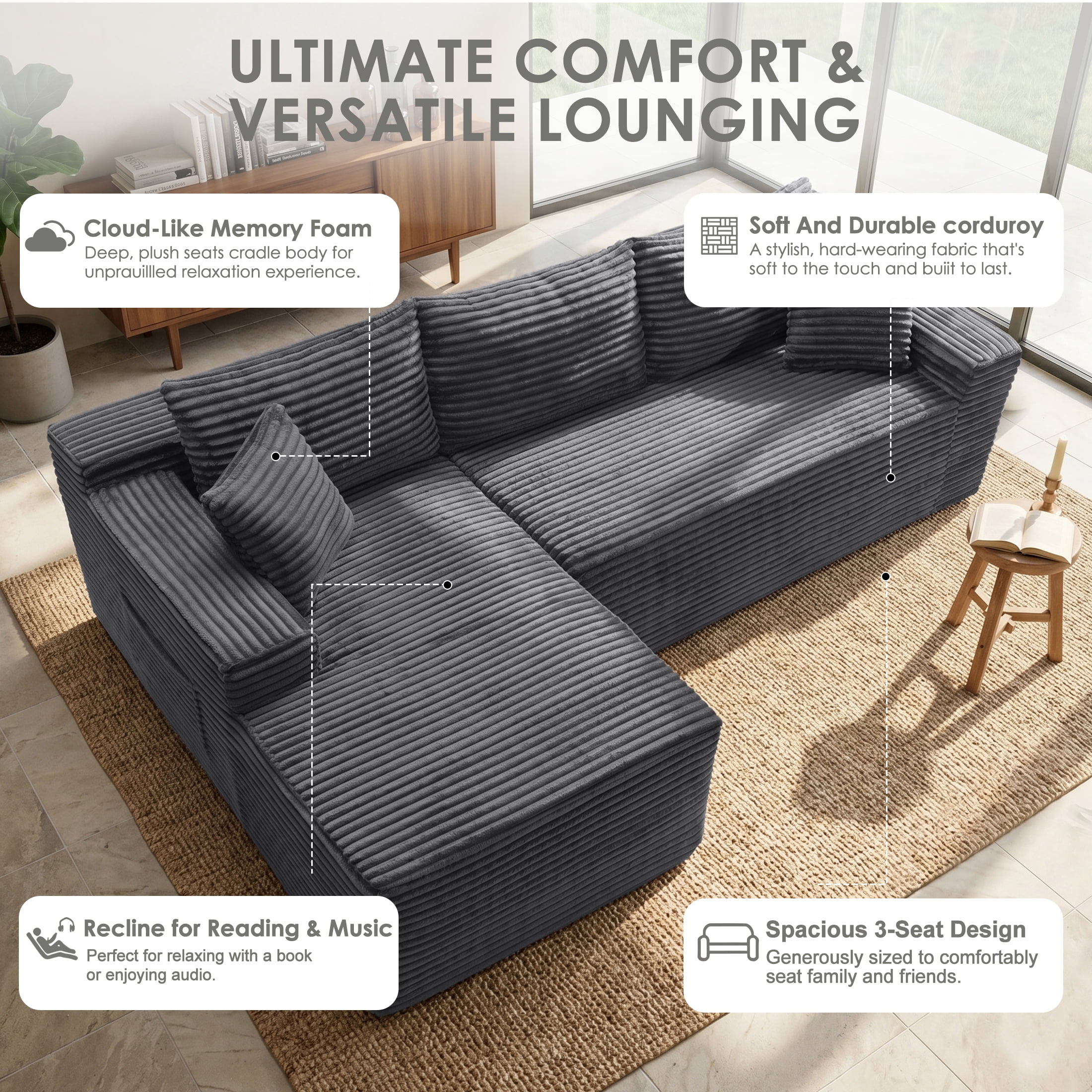 Xiweot 95" Modular Cloud Couch Sectional Sofa for Living Room, Modern Corduroy Boneless Couch with Side Pockets, Upholstered Deep Seat L Shape Sofas, No Assembly Required, Gray
