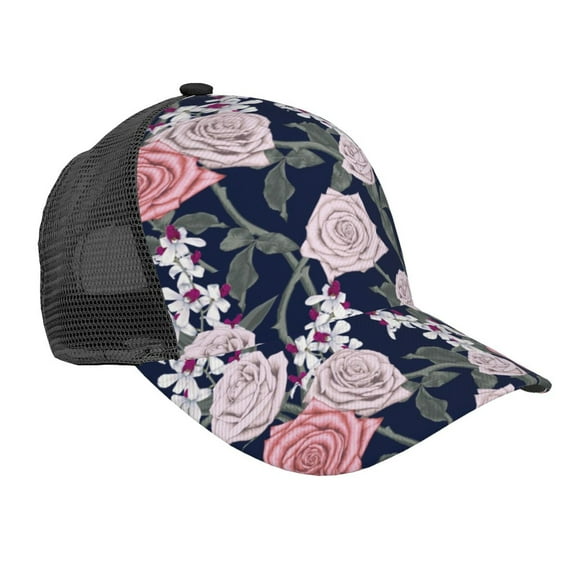 Lsque Rose Flowers Printed Trucker Hat - Baseball Cap for Men Women - Breathable Mesh Side, Adjustable Fit - for Casual Wear