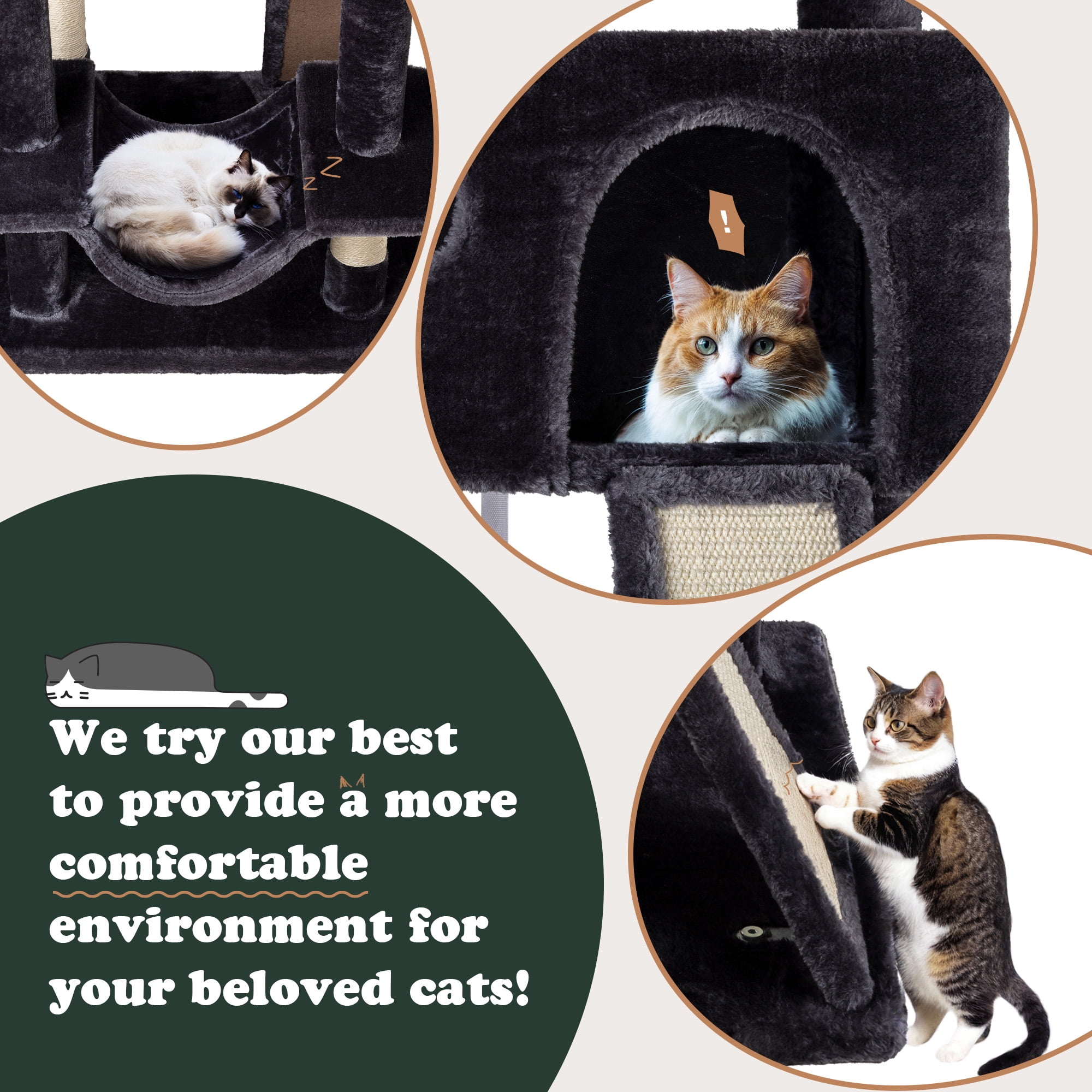 Amolife 65.7" Large Cat Tree and Tower Condo for Cats with 2 Scratching Boards, Hammock & Post, Dark Blue