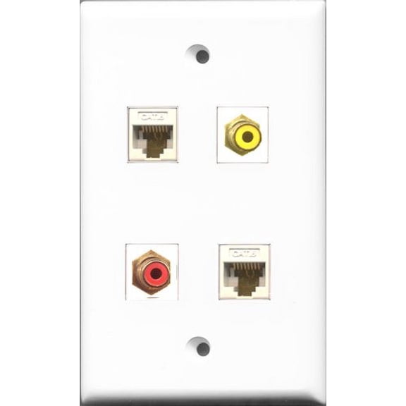 RiteAV 1 Port RCA Red and 1 Port RCA Yellow 2 Port Cat6 Ethernet White Wall Plate