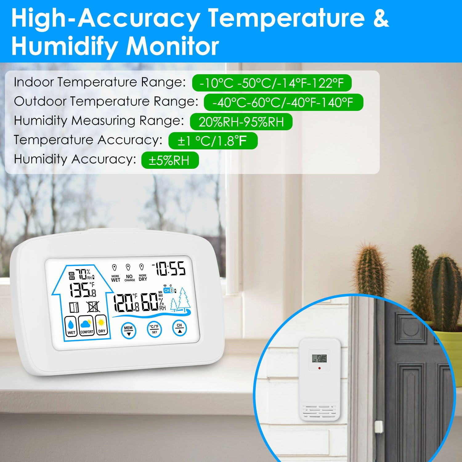 Wireless Weather Station With Clock 196FT Range Indoor Outdoor Thermometer Sensor Temperature and Humidity Monitor Humidity Forecast Battery Powered Backlight Display