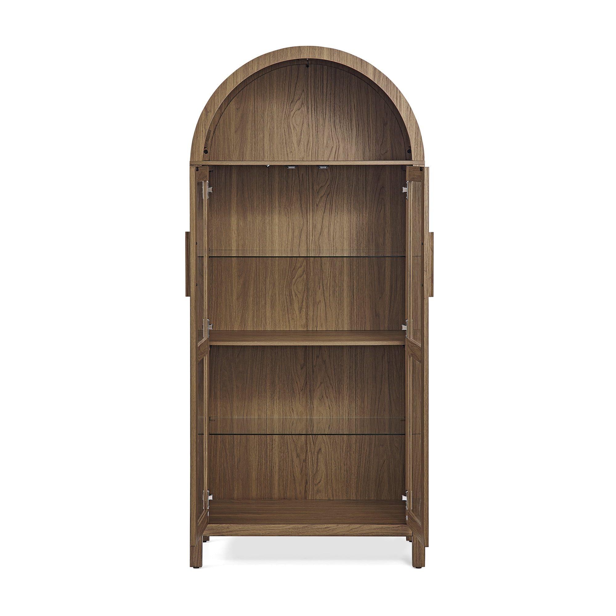 Firmoz 67" Arched Pantry Cabinet with Glass Doors, Bookcase with Lamp, Display Storage Shelf for Living Room, Kitchen Walnut