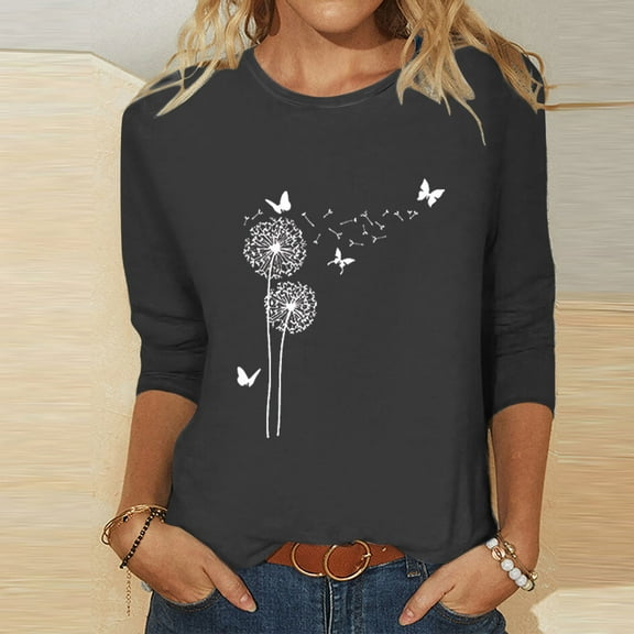 Kayannuo Long Sleeve Womens Tops Graphic Tees Women Women's Fashion Printed T-shirt 3/4 Sleeves Blouse Round Neck Casual Tops